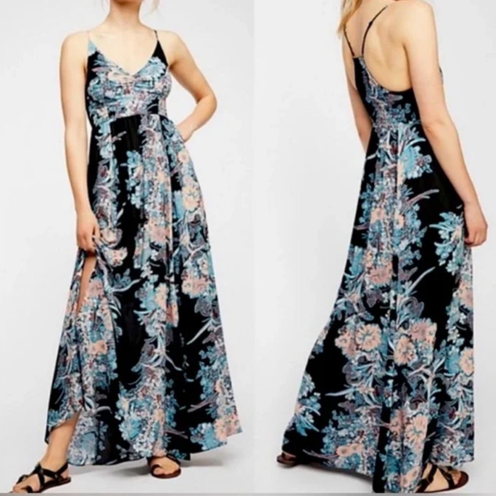 NWT Free People Through The Vine Maxi Dress Floral Black Racerback Slit